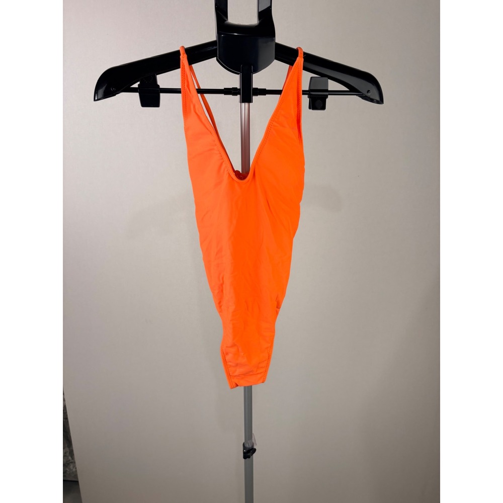 Neon Orange High Cut Plunge One Piece Swimsuit Lace Up Back Medium